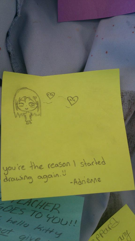 ColonelGrayArt's tweet photo. My art teacher smock was full of hand written sticky notes from my students. #surprise #AprilFools #beststudentsever http://t.co/kGp1l7cMbc