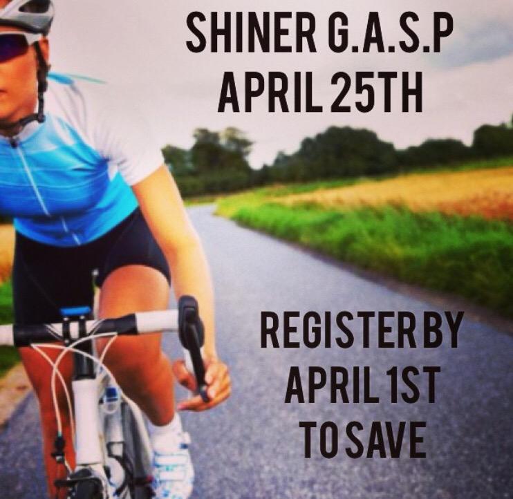 ShinerGASP's tweet photo. Last day to save on registration fees Sign up tonight &amp; save Join us 4/25 for the #ibikeshiner #ShinerGASP #cycling http://t.co/94XXoAYxma