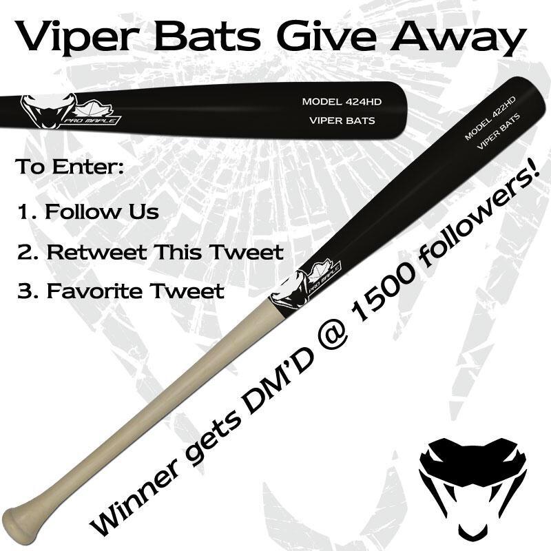 EVERYONE FOLLOW <a href="/viperbats/">Viper Bats</a> FOR A CHANCE TO WIN ONE OF THEIR AWESOME BATS! WINNER DMED WHEN THEY HIT 1500! RT AND FAV!