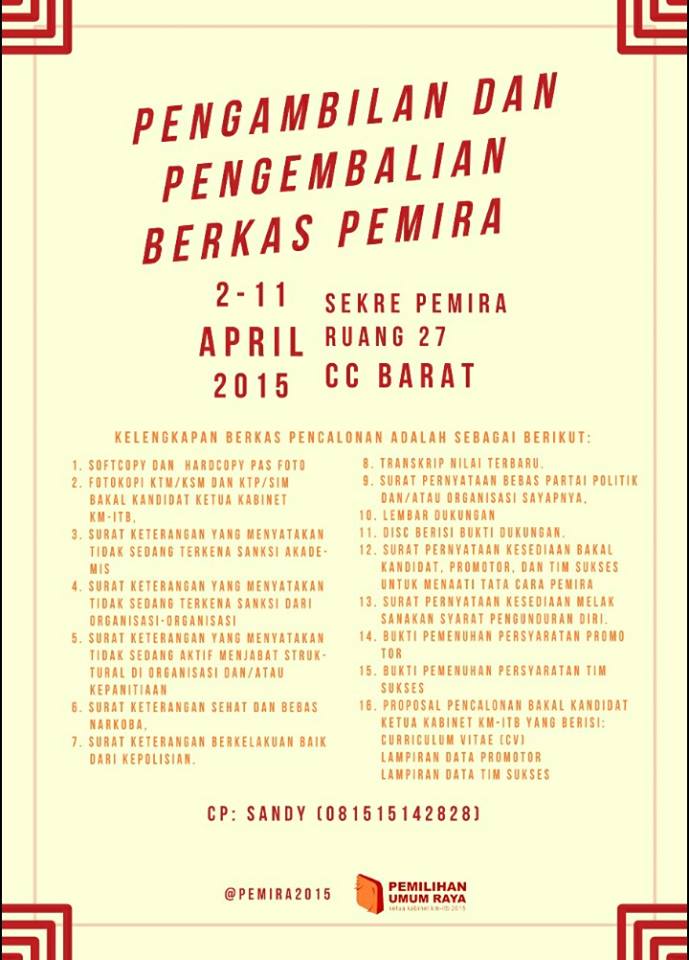 HAI MASSA KAMPUS!Berikut ini adalah syarat pendaftaran berkas!:)
@KMSBM_ITB <a href="/immgitb/">IMMG ITB</a> <a href="/SITH_ITB2014/">Cerva Imperator</a> <a href="/STEI2014/">STEI ITB 2014</a> <a href="/MTM_ITB/">MTM ITB</a>