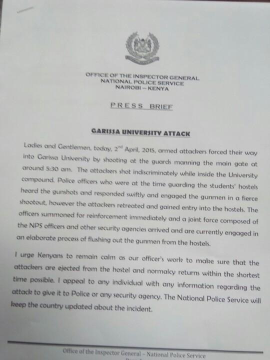Official report of current status vide Garissa attack. Thank you for your support.