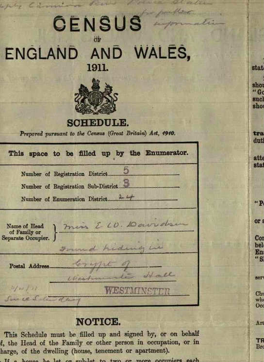 On 1-2 April 1911, Emily Davison hid in a broom cupboard in the Palace of Westminster to register on the Census there