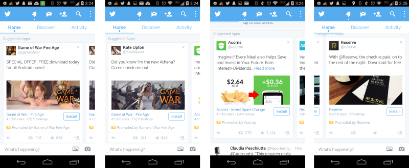 AdglowItalia's tweet photo. Another @TwitterAds test: a carousel for #AppInstallAds http://t.co/VTOU2KUHrl @Marketingland #newformat #socialads http://t.co/Io9v7aw5c4