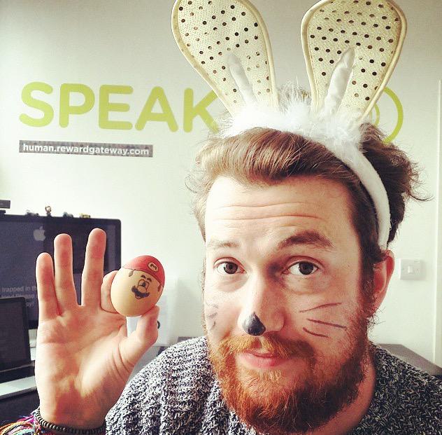 RewardGateway's tweet photo. Product Manager, Patch, with his #RGEggHead entry! The bunny ears &amp; whiskers are just his usual attire.. #BeBunny http://t.co/DRZohvOrM0