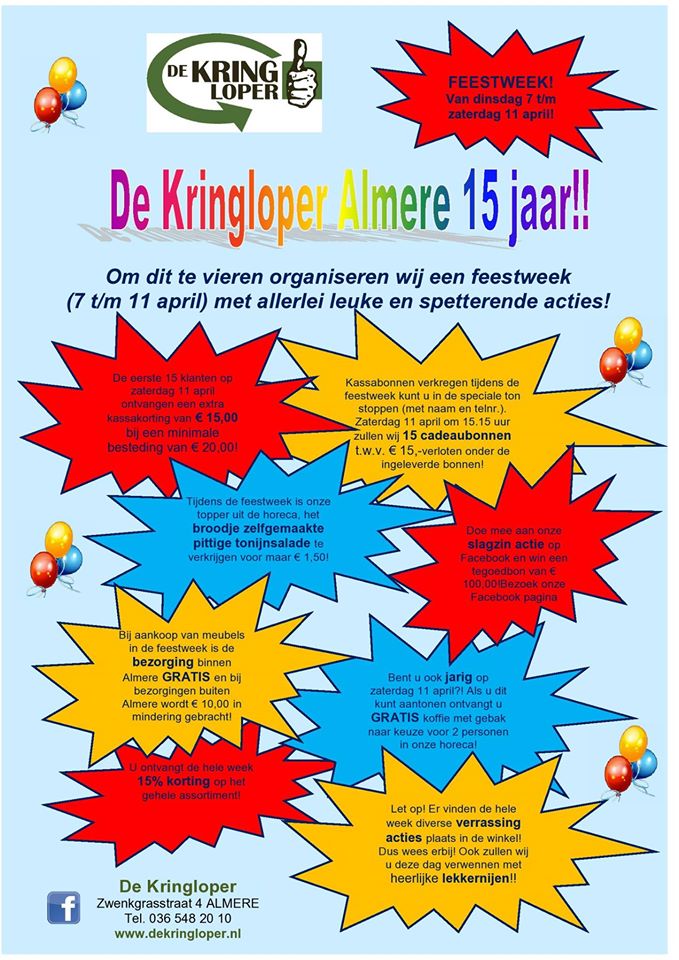 De Kringloper Almere bestaat 15 jaar en dat vieren wij met u!