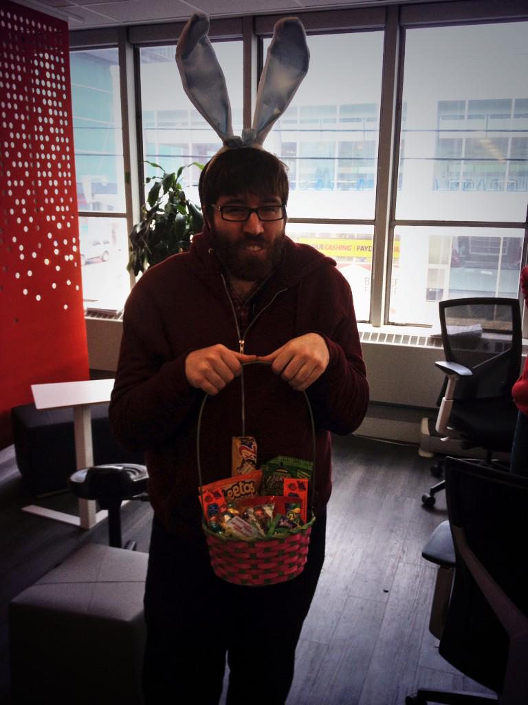 ChazGorman's tweet photo. Dev team wins @klipfolio Easter Egg Hunt! Rewarded with basket of treats! http://t.co/6gDZyoek36