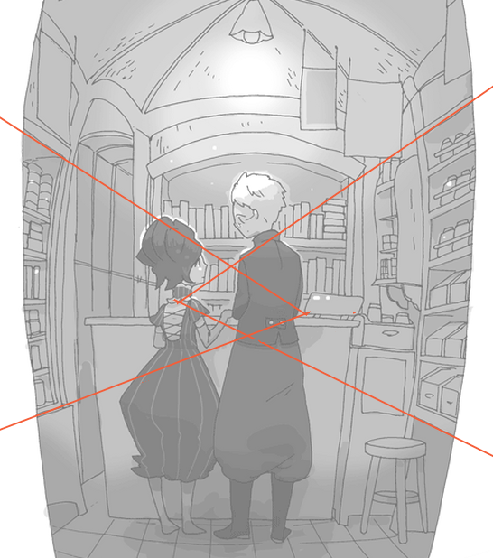 パースの話だけど、一点透視の絵でちゃんと描いてるのに仕上がりがスカスカしてなんか違うと思った時は、消失点を2つに分けると狭くなったり、逆に広がったりするよ。多少歪んでもOKな絵柄で消失点付近を誤魔化せる構図のときにおすすめ 