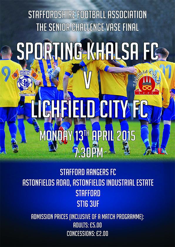 SportingKhalsa's tweet photo. Date for your Diaries!
@SportingKhalsa v @lichfieldcityfc
 Mon13th @Staffordshirefa Vasefinal 730pm at @SRFCofficial http://t.co/hYtVD5jBGG