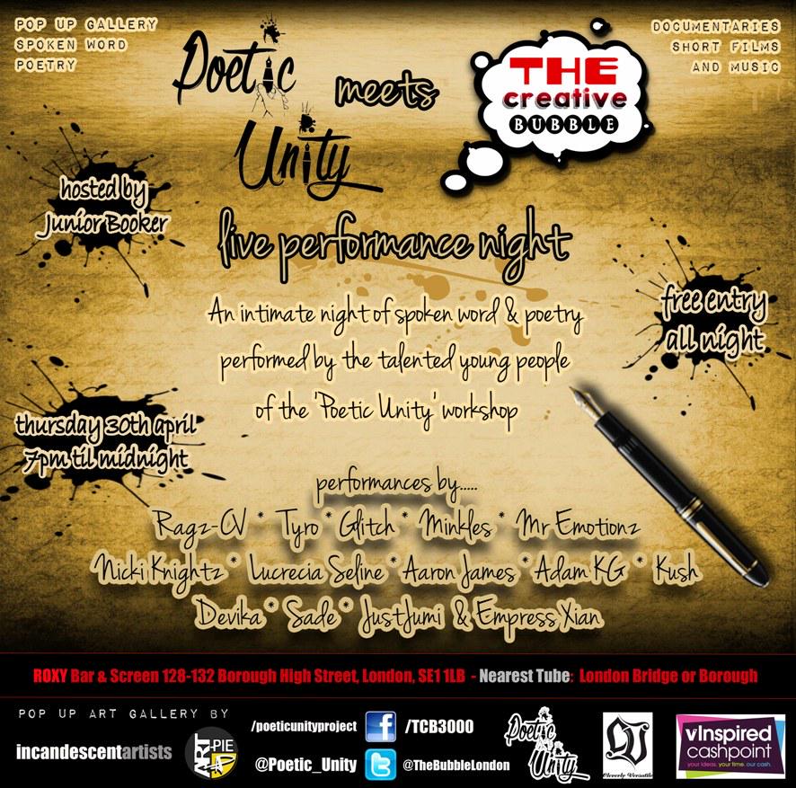TheBubbleLondon's tweet photo. A Spoken Word Poetry night in collaboration with @poetic_unity on 30th April, FREE ENTRY at @Roxy_Bar_Screen #TCB3000 http://t.co/QdUTYFDO45