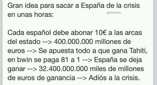 TuiterHits's tweet photo. ¡¡Podríamos salir de la crisis esta misma noche!! http://t.co/3IHUxI70f2