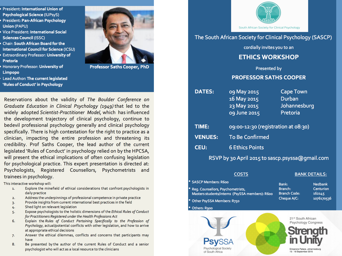 sascp_psyssa's tweet photo. SASCP invites you to an ETHICS WORKSHOP, presented by Prof Saths Cooper - (e) sascp.psyssa@gmail.com http://t.co/5WcxF9BLeI