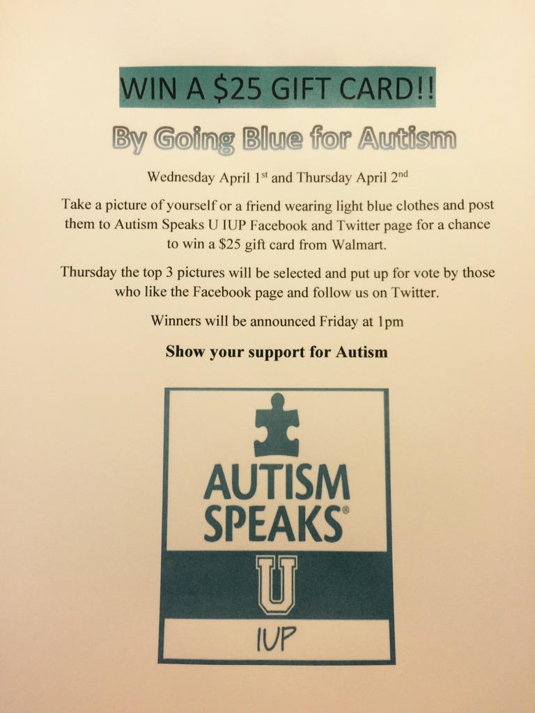 u_iup's tweet photo. WIN A GIFT CARD.. By Going Blue for Autism is extend until 6pm tonight! Post your picture to our Facebook or Twitter! http://t.co/WoCZ4J3e6h