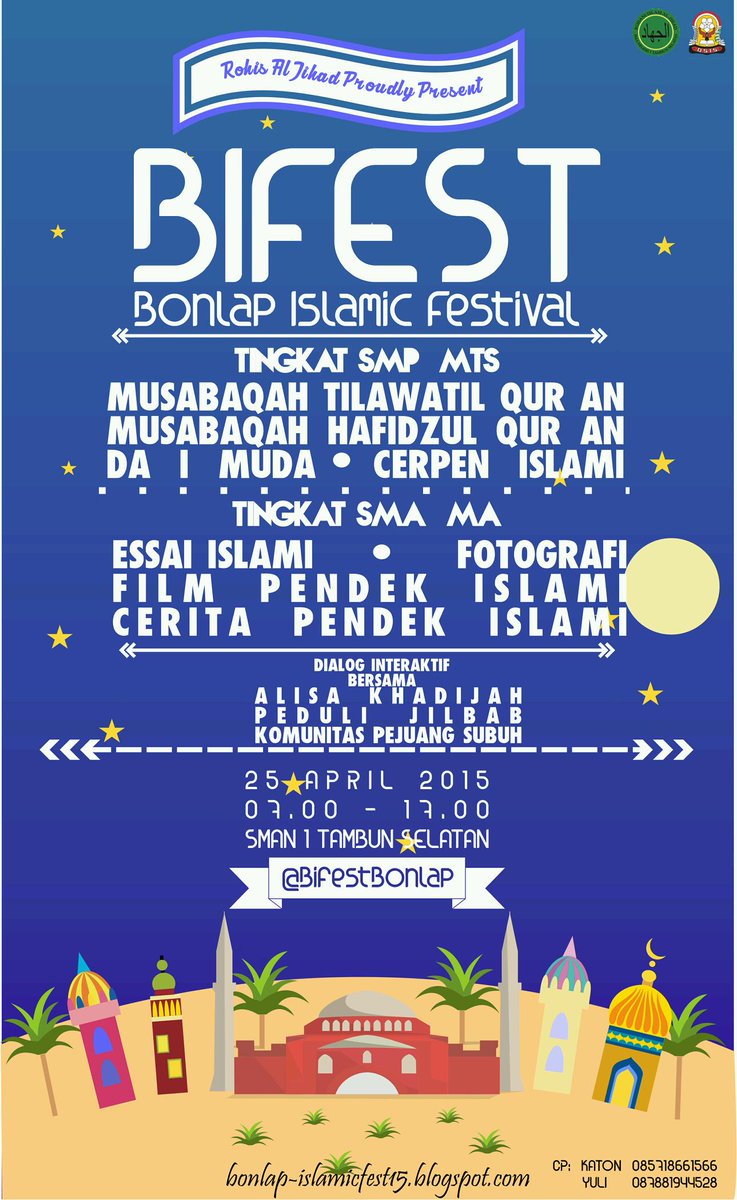 LowBuzzID's tweet photo. Bonlap Islamic Festival! 25 April 2015!
Cek: http://t.co/aQLOz5V5kN
CP: 085718661566. More info:  @BifestBonlap http://t.co/zcxYsRUmbe