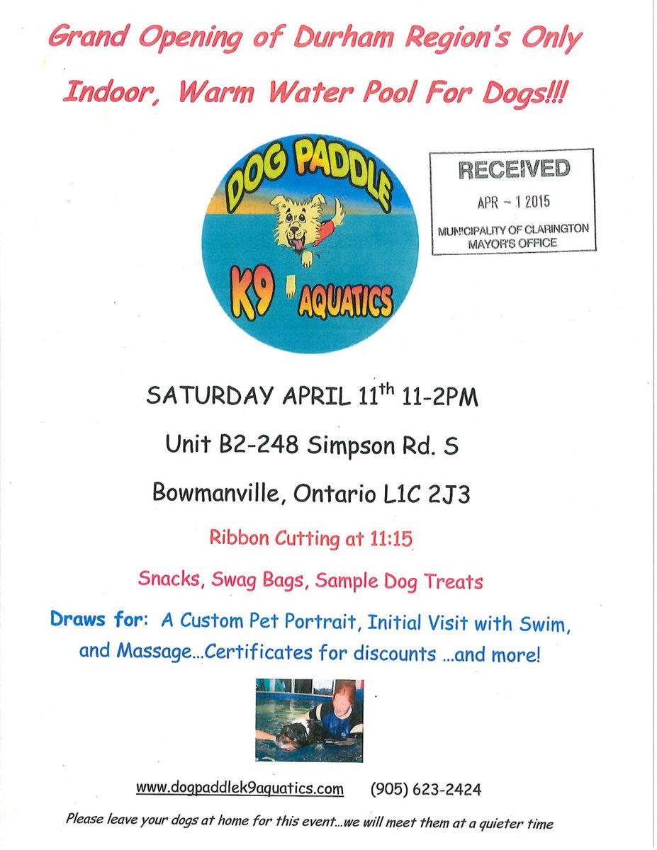 TraillWard3's tweet photo. I am excited to welcome Dog Paddle K9 Aquatics to Ward 3! Please join us at the grand opening April 11 #LocalBusiness http://t.co/UyznbWNzsO