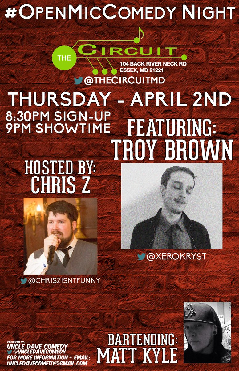 TheCircuitMD's tweet photo. #ComedyNight tonight at @TheCircuitMD 8:30pm - @BaltMediaBlog @downtowndiane @EssexTweets http://t.co/9BPeJNdZwz