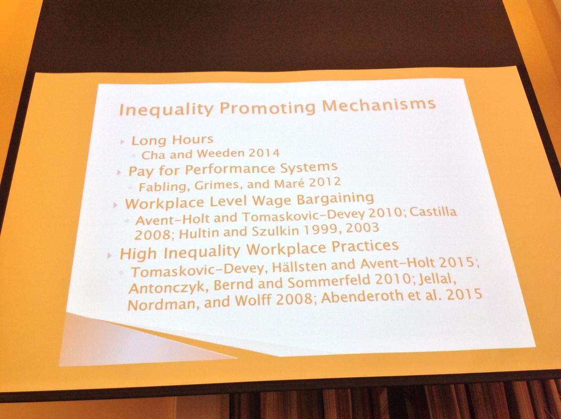 NanetteFondas's tweet photo. What promotes workplace inequality? Don Tomaskovic-Devey @HBSgender offers research. #hbsgender http://t.co/Dk8ctuQuxR