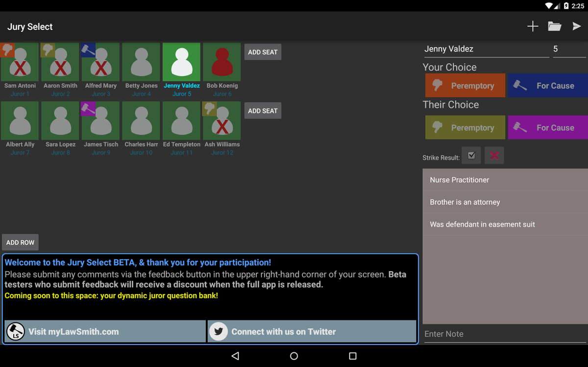 myLawSmith's tweet photo. We've updated the beta of our 'Jury Select' voir dire app. Download it FREE on @GooglePlay: https://t.co/6fzJOivoA1 http://t.co/4FGM5YPDnp