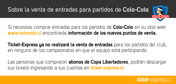 ticketexpresscl's tweet photo. En http://t.co/xdLFoPNGDT hay información sobre entradas para @ColoColo. @TicketExpressCL ya no venderá esos tickets. http://t.co/xtlT4o9gEq