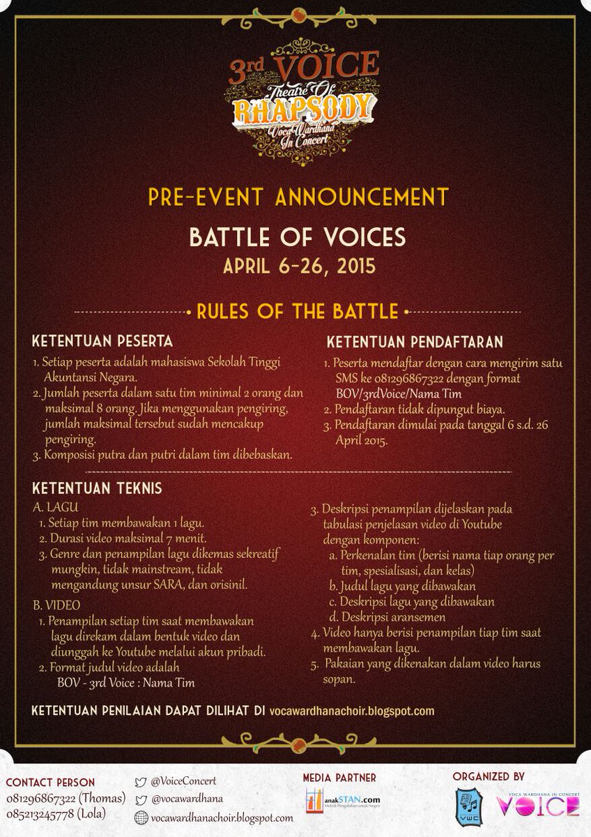 voiceconcert's tweet photo. Official Pre-Event Announcement Poster, officially announced! @vocawardhana @anakstandotcom #3rdVoiceConcert #BOV http://t.co/8gMyNEb4lx