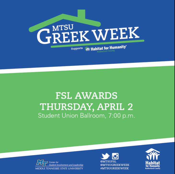 MTSUGreekWeek's tweet photo. The FSL awards are tonight! Be sure to be on time, and dressed to impress. #MTSUGreekWeek http://t.co/Z8Hiwqo6It
