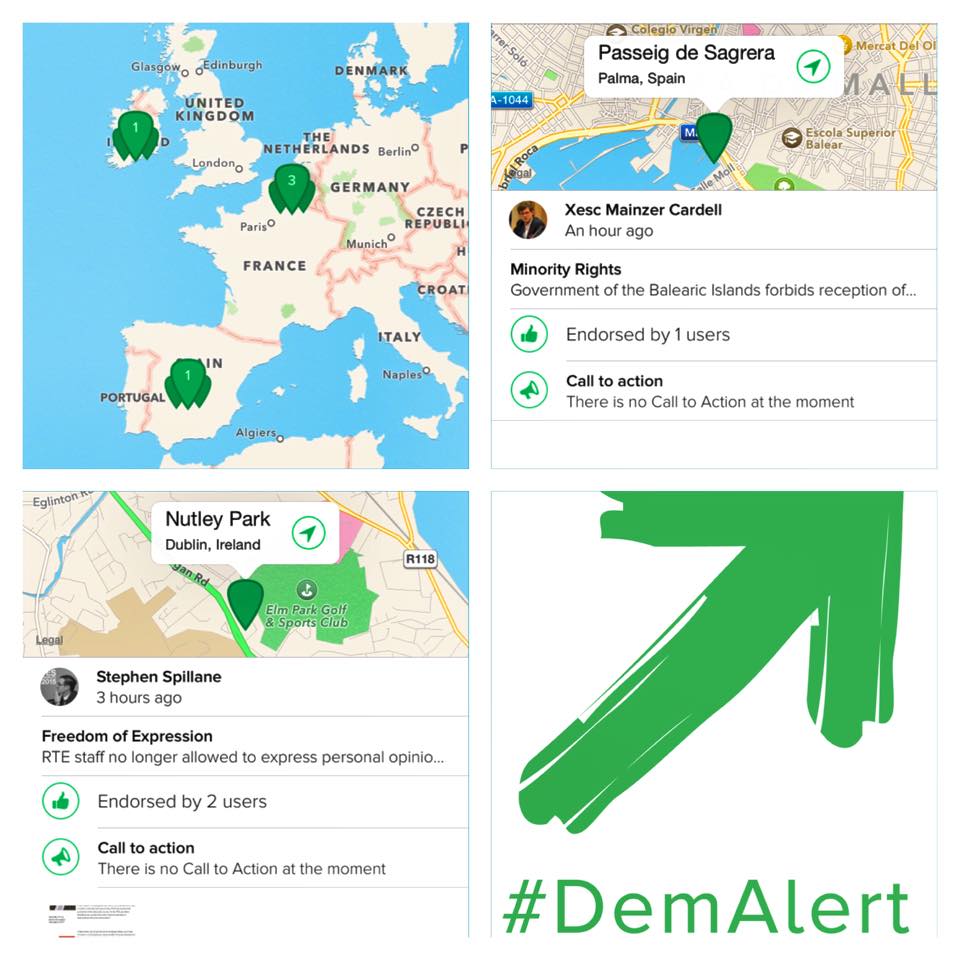 JEF_de's tweet photo. Erste #DemAlert-Stecknadeln sind bereits in neuer App eingetragen. Mach mit! http://t.co/a5CREG5MPe #digitaldemocracy http://t.co/MJ2lObAkGv