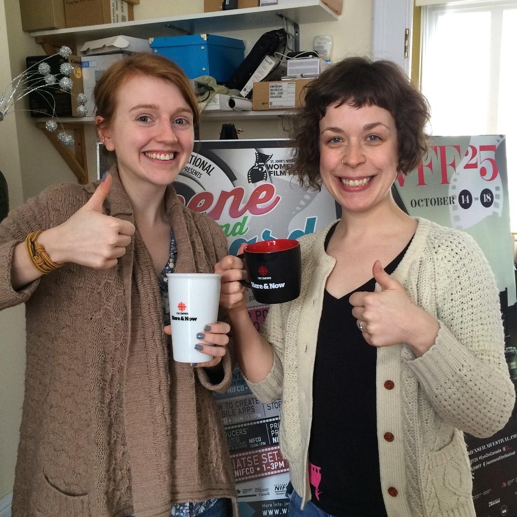 gingereilish's tweet photo. #HereandNow @CBCNL feat. @JCroweCBC &amp; @debbiecoopercbc @SJIWFF #mugs #awesome #OfficeLife http://t.co/KeKX2E1grG