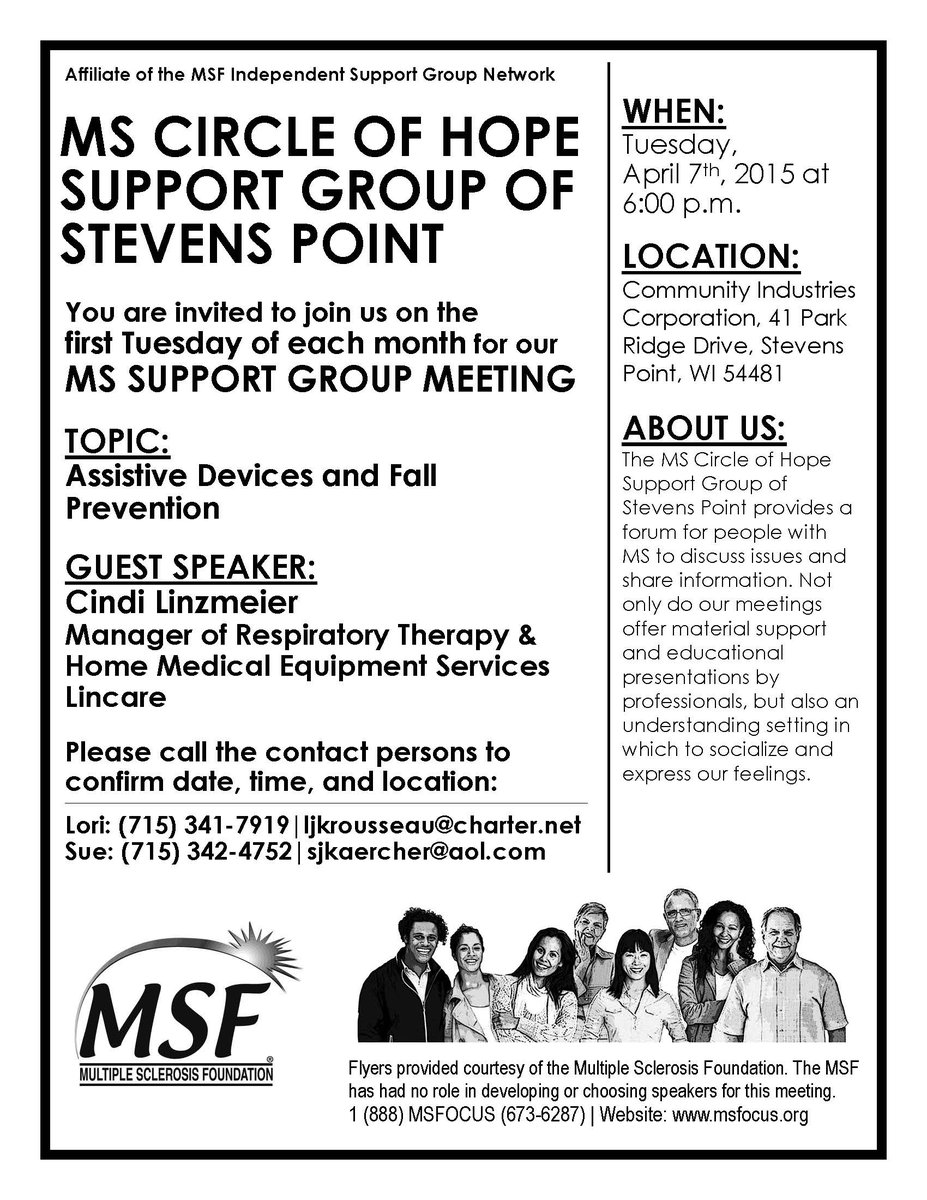MS_Focus's tweet photo. @CICSTEVENSPOINT Share, learn &amp; socialize at MS Circle of Hope Support Group of Stevens Point, WI, Tue, April 7 #4MSF http://t.co/hFQPy7N6g2