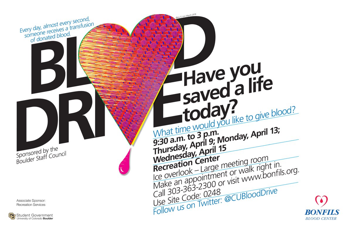 CUBloodDrive's tweet photo. Help save a life this month! April blood drive dates 4/9, 4/13, 4/15. 9:30-3:00 @CUBoulderRec @CUBoulder @CU_UMC http://t.co/UOlVRc9UEM