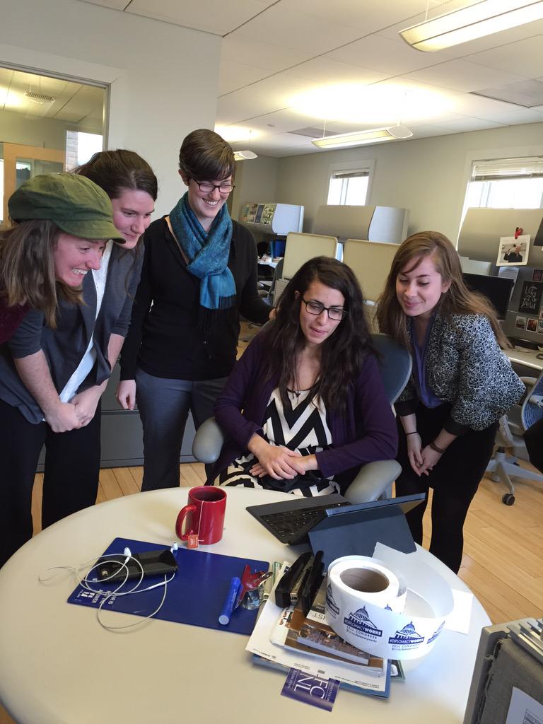 FCNL's tweet photo. Right now at the office: staff anxiously await the #Iran press conference #DiplomacyWorks http://t.co/MiqI8KK788