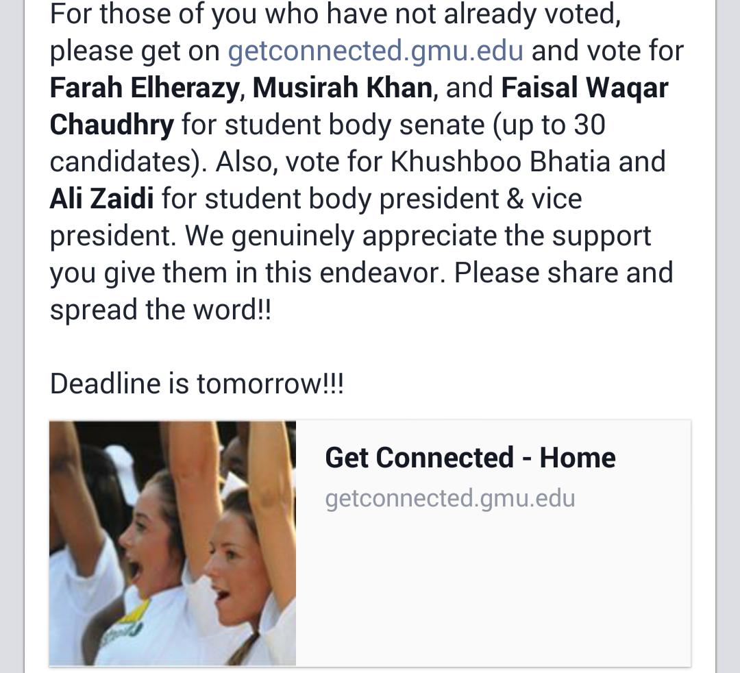 For those GMU Students who have not voted please vote. We truly appreciate the support you give them-Deadline is tmrw