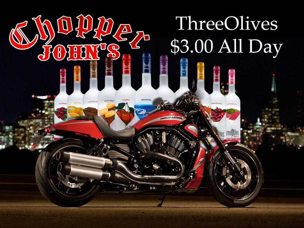 Today is <a href="/ThreeOlives/">Three Olives</a> #Thursday at #ChopperJohns! CHECK in and drink up!