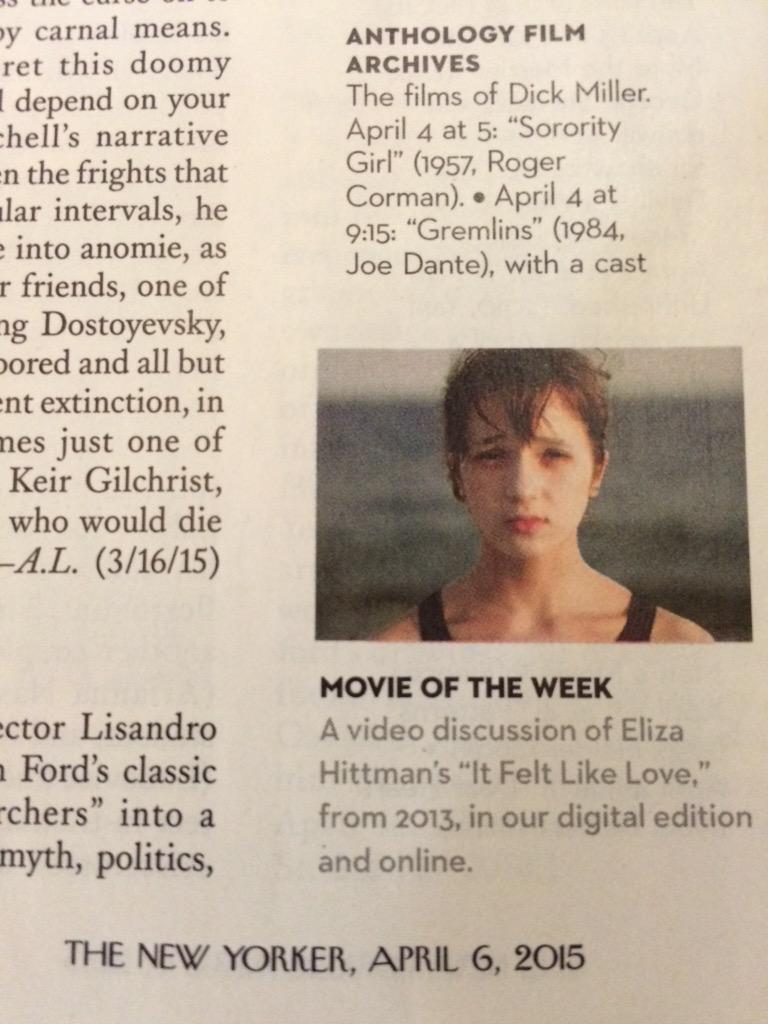 .<a href="/ItFeltLikeLove/">It Felt Like Love</a> is #MovieOfTheWeek for <a href="/NewYorker/">The New Yorker</a>! Buy it from itfeltlikelove.com <a href="/TalkhouseFilm/">Talkhouse Film</a> <a href="/ElizaHittman/">Eliza Hittman</a>