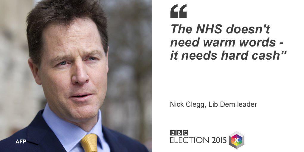 BBCNews's tweet image. Put more money into the NHS, Nick Clegg says – follow our #GE2015 #leadersdebate coverage bbc.in/1EMpszs