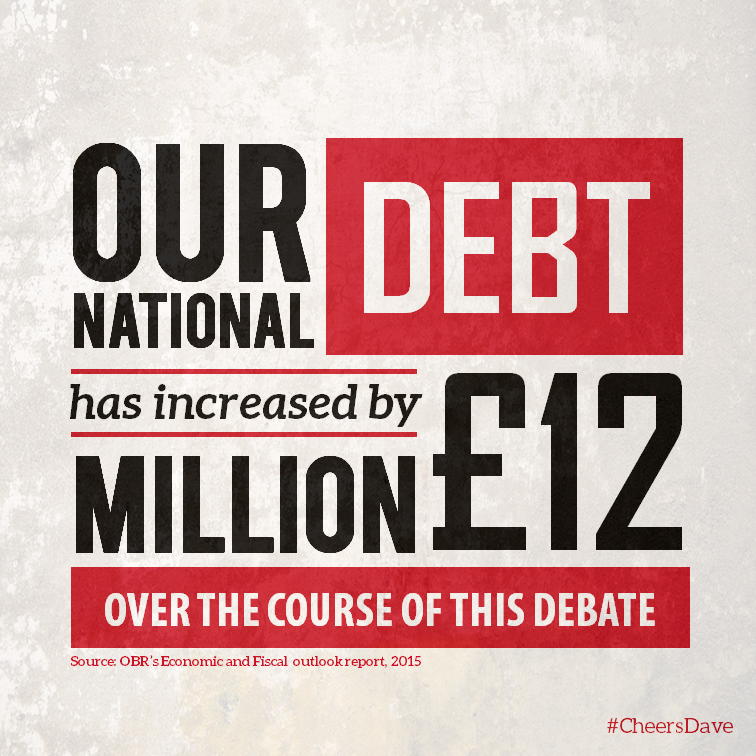 UKIP's tweet photo. During the course of this debate, our national debt has increased by £12million. #CheersDave #leadersdebate http://t.co/Re6mvi6Rwt
