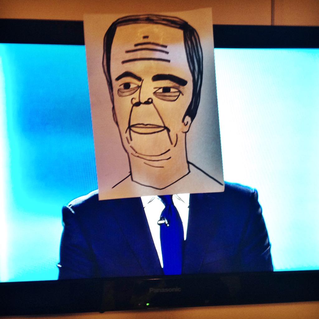 handjazz's tweet photo. @StefMichalak the #leadershipdebate really needs Farage's head on Cameron's body. http://t.co/QVShXVkPbT