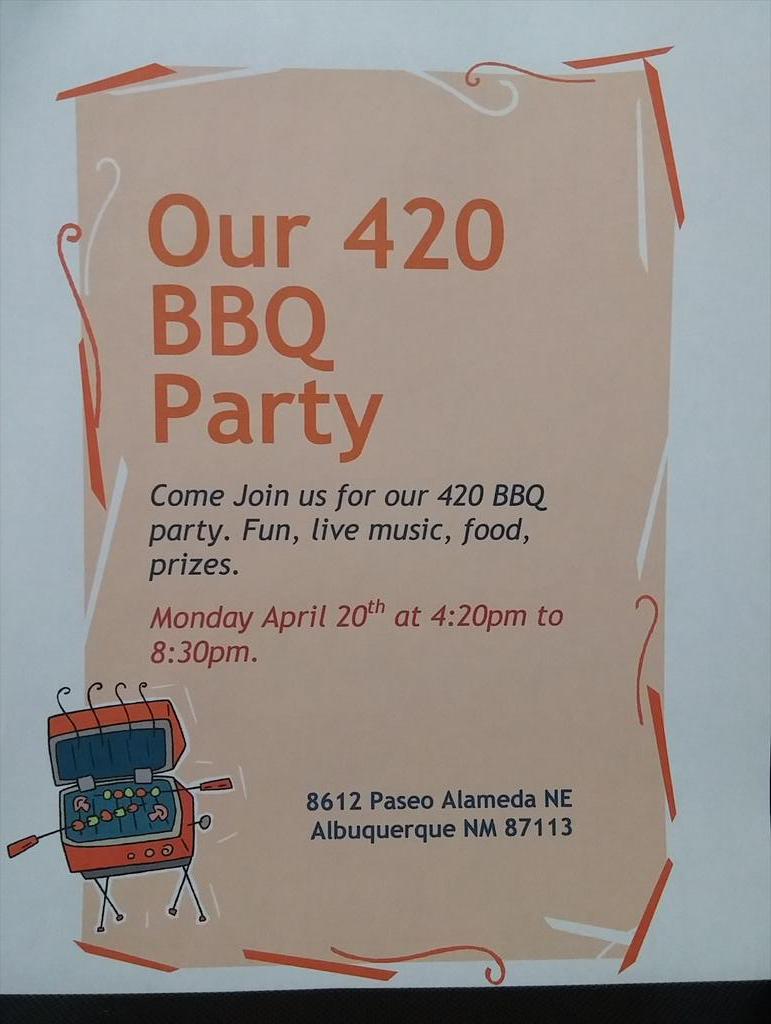 NaturalRxNM's tweet photo. Come join us for our 420 BBQ Party. Fun, live music, food, prizes. Monday April 20th at 4:20pm to 8:30pm . http://t.co/M9aXXPz0w7