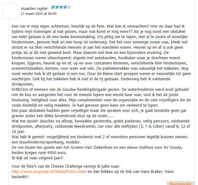 Paar reviews van deelnemers plus suggesties over <a href="/KaasChallenge/">CheeseChallengeGouda</a> van <a href="/AVGouda/">AV Gouda</a> en <a href="/RT29Gouda/">Tafelronde 29 Gouda</a> op: obstakels.com/2015/03/15/rev…