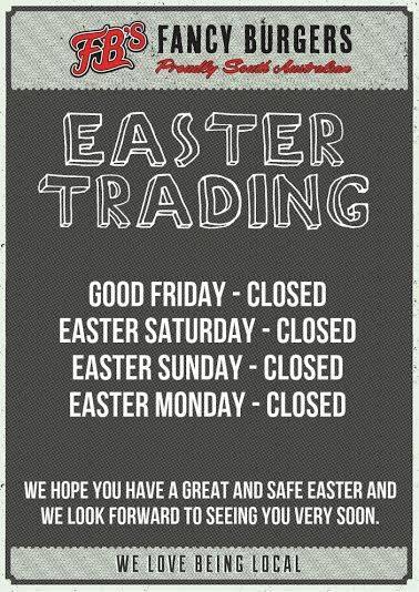 FancyBurgers's tweet photo. Just reminder that we are closed over Easter. Have a great break and stay safe and above all, stay Fancy! x http://t.co/s7gitT5EPL