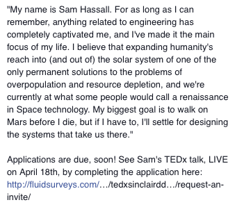 TEDxSinclair's tweet photo. Introducing Sam Hassall as our third speaker for TEDxSinclairDDSB! See Sam's TEDx talk, LIVE on April 18th http://t.co/jpczSzzygp