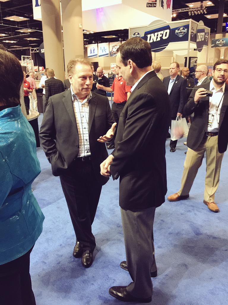 DukeMBB's tweet photo. Calm before the storm. Coaching titans and great friends. Coach K and Coach Izzo earlier at fan fest. http://t.co/vwCglBlyEu
