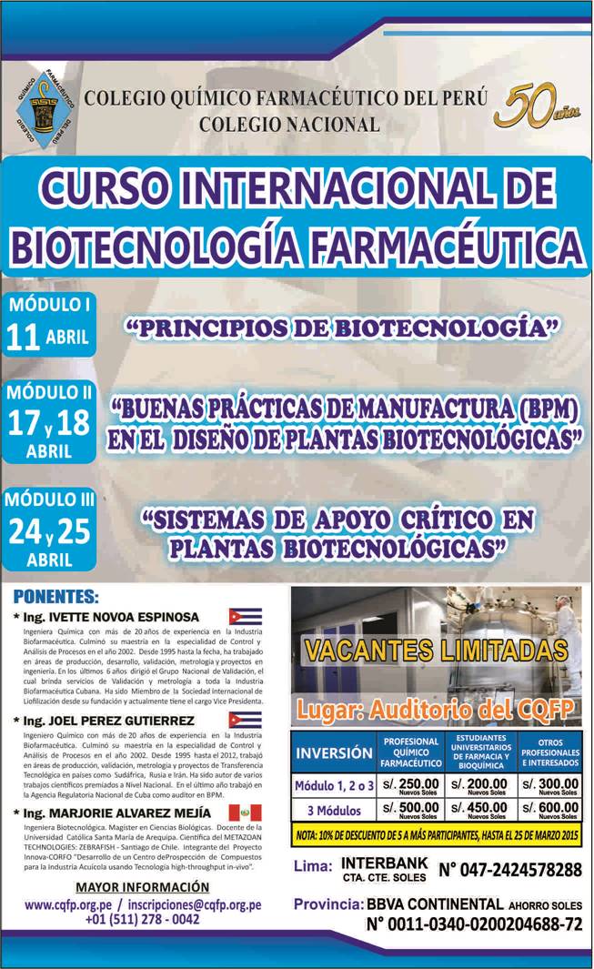 CQFPE's tweet photo. CURSO INTERNACIONAL DE BIOTECNOLOGÍA - PERÚ 2015
11, 17, 18, 24, 25 de abril 2015
Auditorio del CQFP - Surco http://t.co/FDhPC9T2Dx