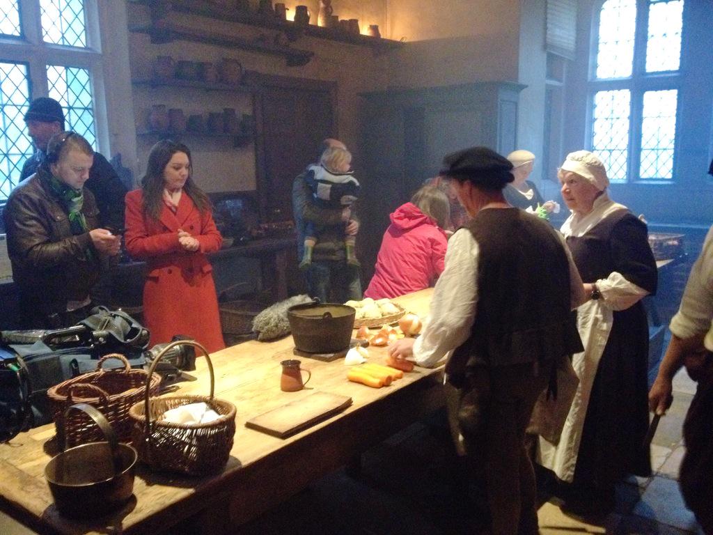 KentwellHall's tweet photo. Tudors, TV crew &amp; @LauraTobin1 live from the Old Kitchen @KentwellHall on @GMB this morning! #MeettheTudors http://t.co/kYXBwLgEWg