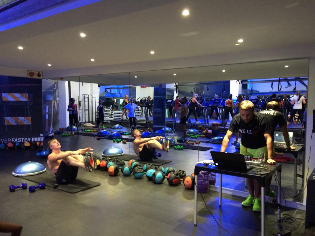 SweatClaremont's tweet photo. Good mates @dj_Shernobyl @MeanSantel rocking @SweatClaremont this morning!! Good luck running 2Oceans 2mrw guys! http://t.co/PILk3Nbriq