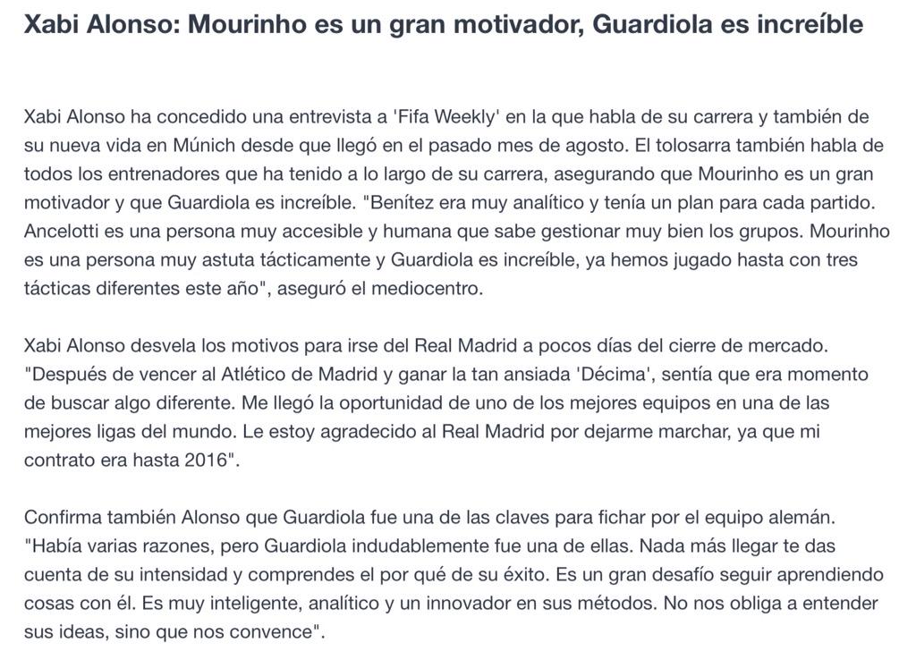 Xabi Alonso sobre Mou, Pep, Ancelotti y Benítez <a href="/futboltactico/">Fútbol Táctico</a> @FP_Entrenadores @Futbolpositivo <a href="/Futbolsistemico/">Fútbol sistémico</a> #pep