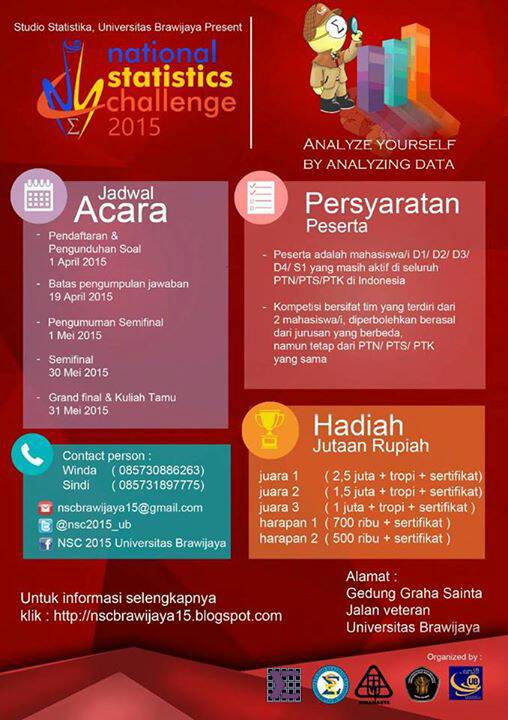 nscub2026's tweet photo. Tunjukkan kemampuan analisis datamu|1-19 April penyisihan online| soal: http://t.co/JbB8z8vrvm @himatikauntad http://t.co/bBhk7YqMdT