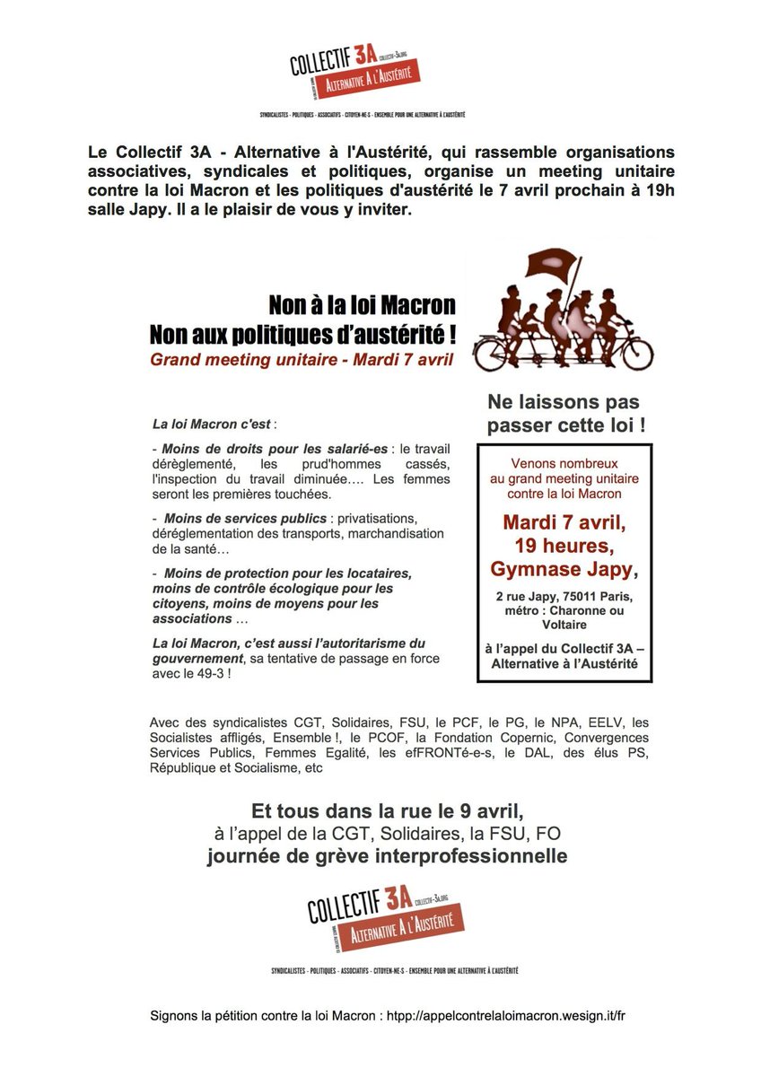 collectif3A's tweet photo. Le @collectif3A vous invite à son meeting contre la #LoiMacron et l'austérité mardi salle Japy. Venez nombreux ! http://t.co/iEykQ4OlhC