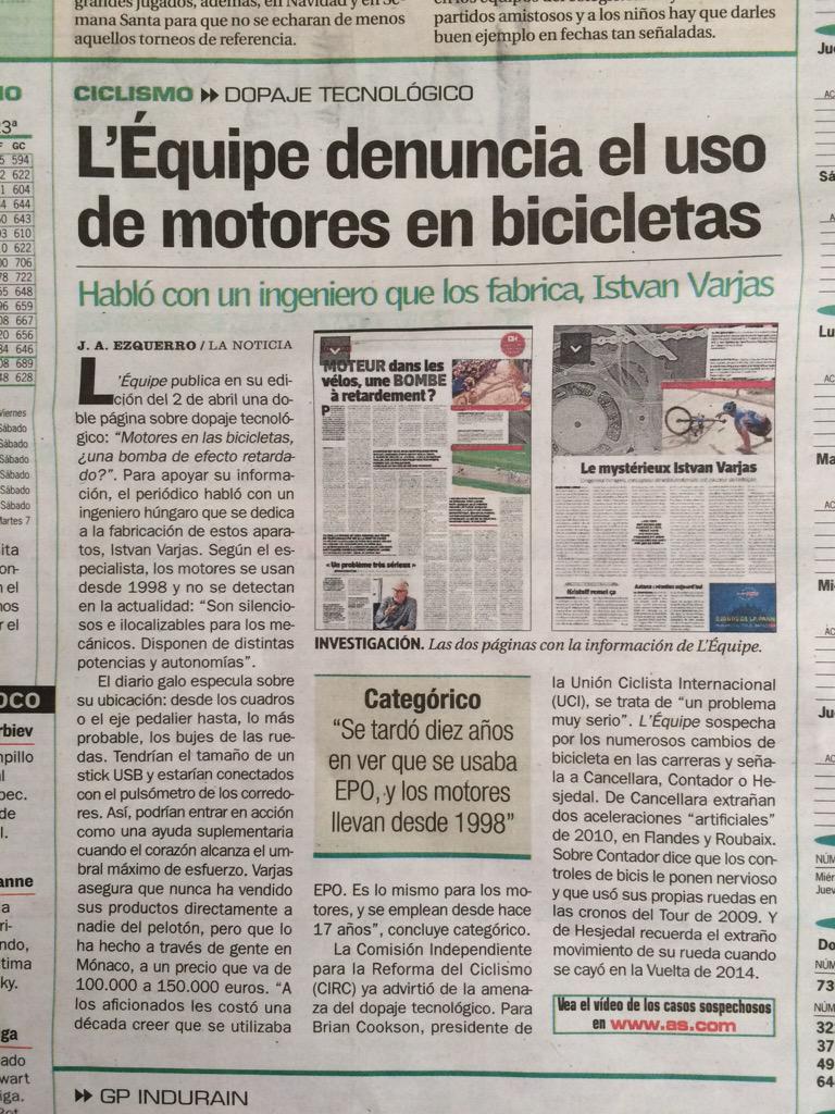 elultimosprint's tweet photo. Interesante artículo de #ezquerro en @AS_Ciclismo sobre el dopaje tecnológico. http://t.co/UJTD9t4TF0