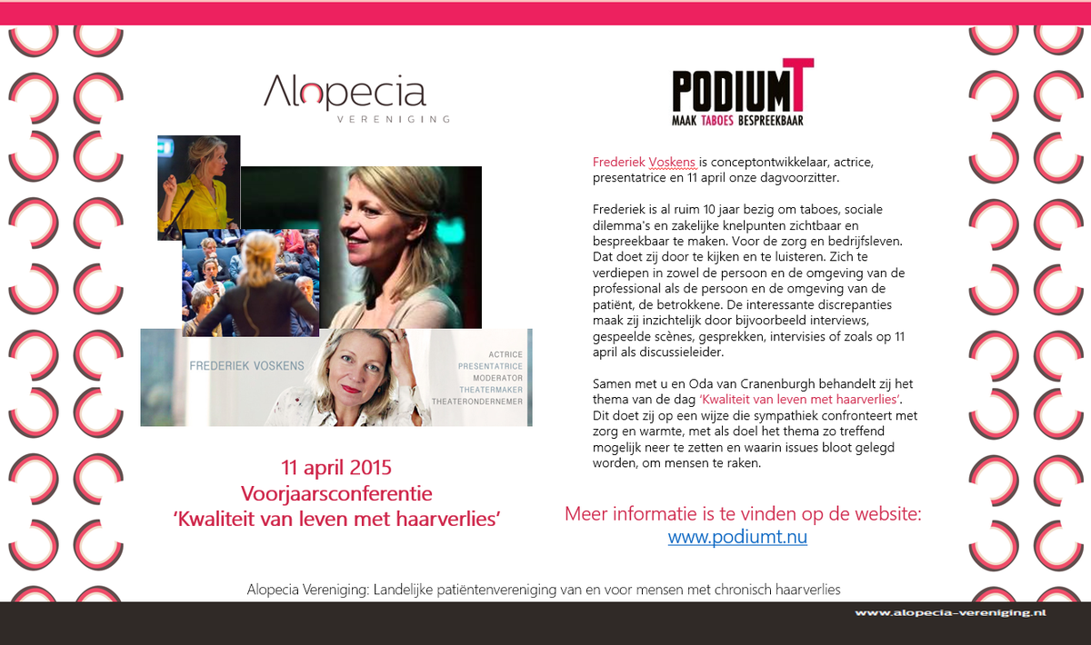 AlopeciaVerenig's tweet photo. 11 april: #Alopecia Voorjaarsconferentie. Het aftellen is begonnen. Nog 8 dagen! Met onder andere Frederiek Voskens http://t.co/8IVqxgfKA3