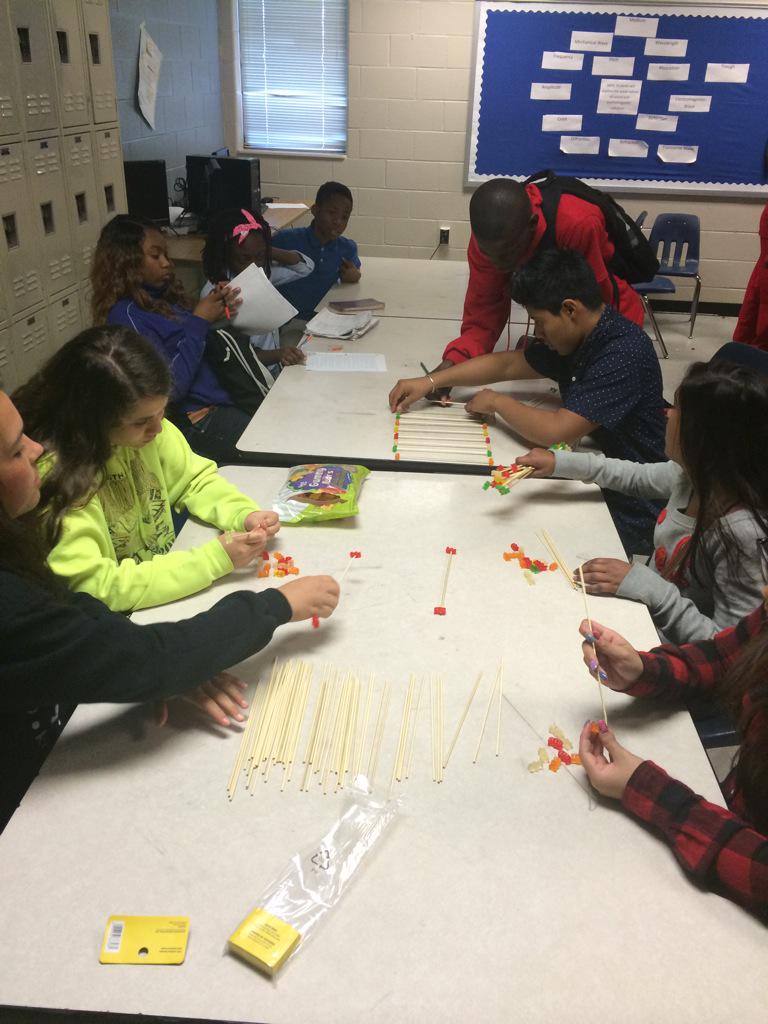 cliffmroberts's tweet photo. VMMS Generals reviewing wave properties. Building waves out of skewers and gummy bears.  #NCSSBETHEBEST http://t.co/25fYnktsfb