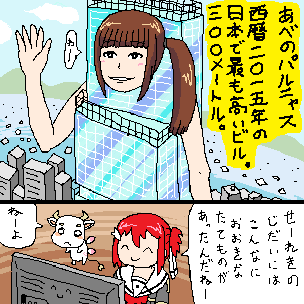 照井春佳さんがアメリカのシアトルに居ると聞いて描きました
シアトルは高層ビルがそこそこ多い!
だからシアトルと互角に渡り合えそうな日本の高層建築物で勝負や! 